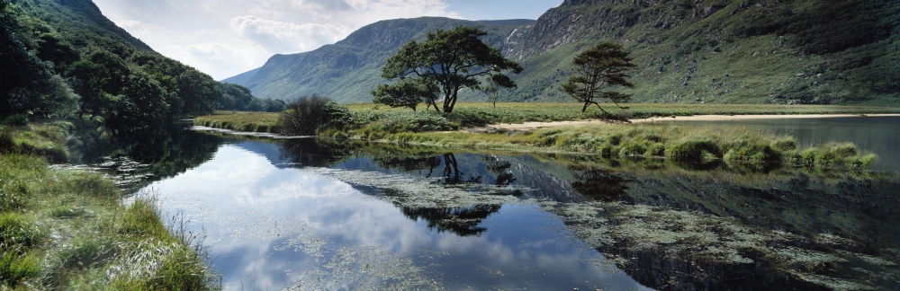 DPI1804740 Owenveagh River Glenveagh National Park Co Donegal Ireland - Reflections On A Lake Poster Print by The Irish Image Collection, 37 x 12