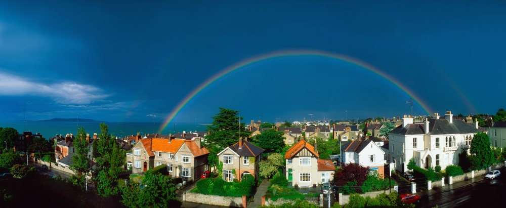 Rainbow Over Housing Monkstown Co Dublin Ireland Poster Print by The Irish Image Collection - 33 x 13