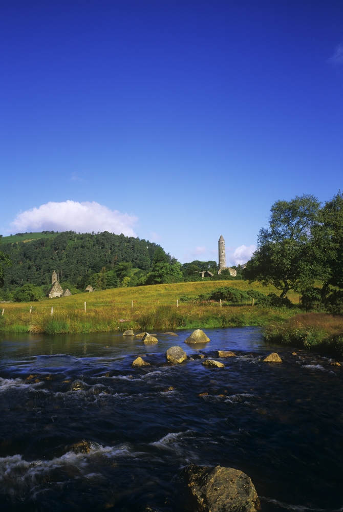 DPI1798571 Round Tower & River in The Forest Glendalough Wicklow Mountains Republic of Ireland Poster Print by The Irish Image Collection, 11 x 17