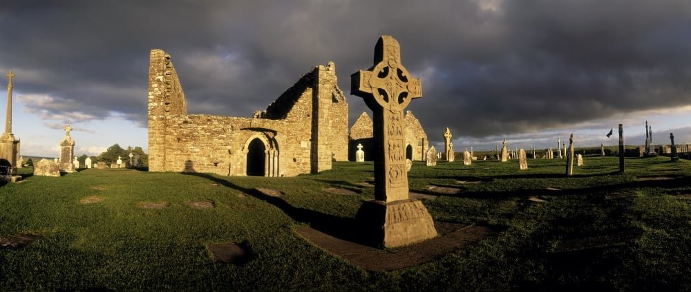 Clonmacnoise Monastery Co Offaly Ireland Cross of The Scriptures High Cross Poster Print by The Irish Image Collection - 30 x 12