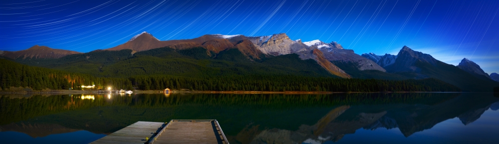 Starry Night Panoramic of Mountains & Lake Jasper National Park Alberta Canada Poster Print by Corey Hochachka, 44 x 13 - Large