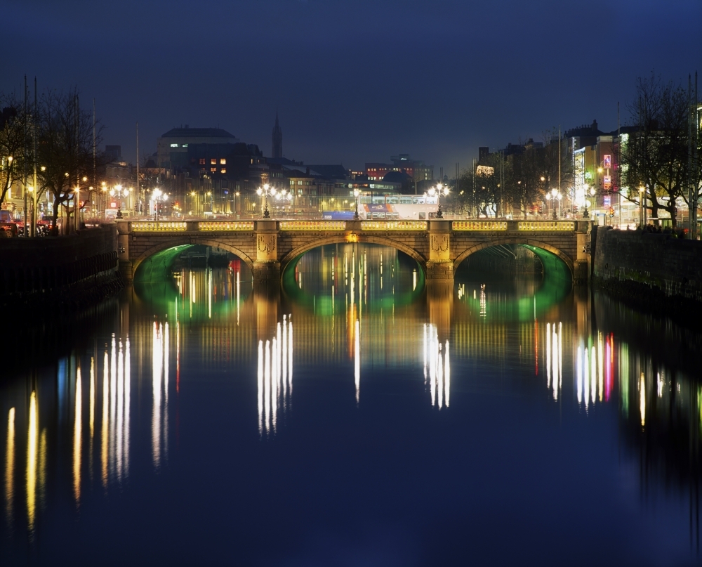 River Liffey At Night OConnell Street Bridge Dublin Ireland Poster Print by The Irish Image Collection - 17 x 13