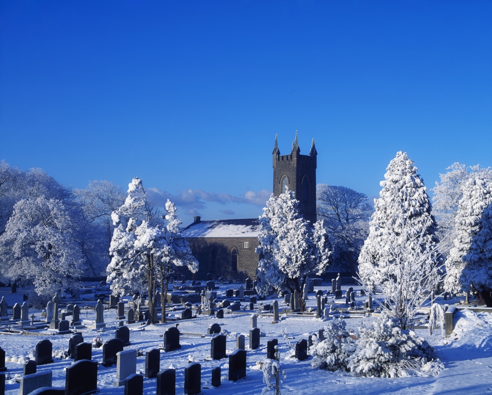 Bushmills Church County Antrim Ireland - Church & Cemetery in Winter Poster Print by The Irish Image Collection - 17 x 13