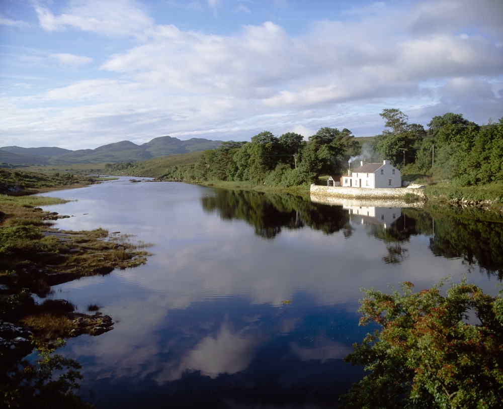DPI1816465 Lackagh River Creeslough County Donegal Ireland - Reflection of A House in a River Poster Print by The Irish Image Collection, 16 x 13