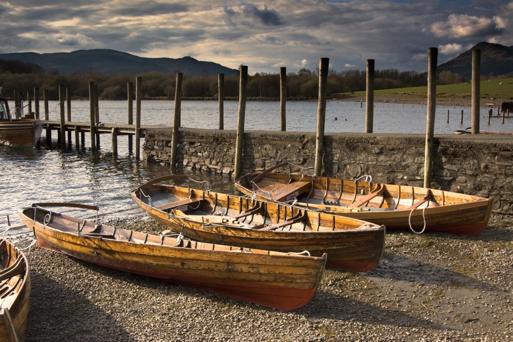 Picture of Posterazzi DPI1838098 Lake District Cumbria England - Four Rowboats On Shore Poster Print, 17 x 11