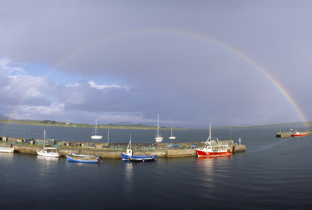 Co Galway Roundstone Harbour with Rainbow Poster Print - 19 x 12