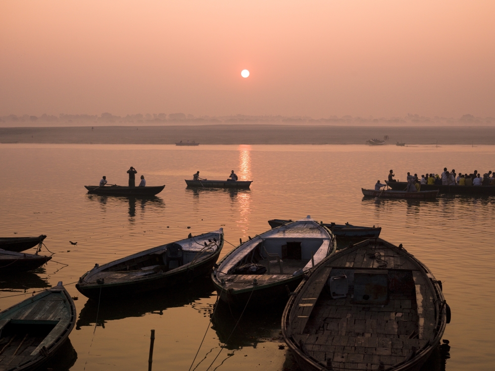 DPI1841459LARGE Boats On Ganges River At Sunset - Varanasi India Poster Print, Large - 36 x 26