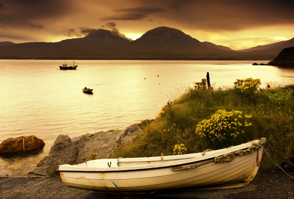 Picture of Posterazzi DPI1846011 Boat On The Shore At Sunset Island of Islay Scotland Poster Print&#44; 17 x 11
