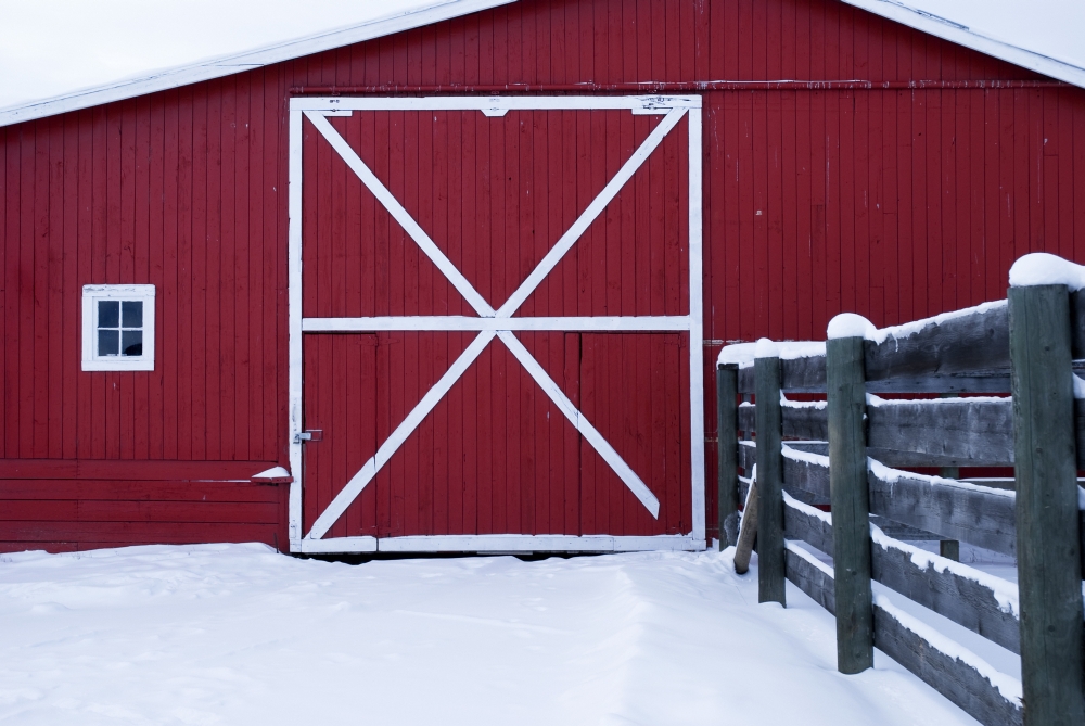Red Barn with Snow Poster Print, Large - 34 x 22