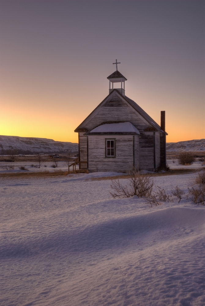 DPI1846292 Drumheller Alberta Canada - Exterior of Small Chapel in Winter Sunset Poster Print, 11 x 17