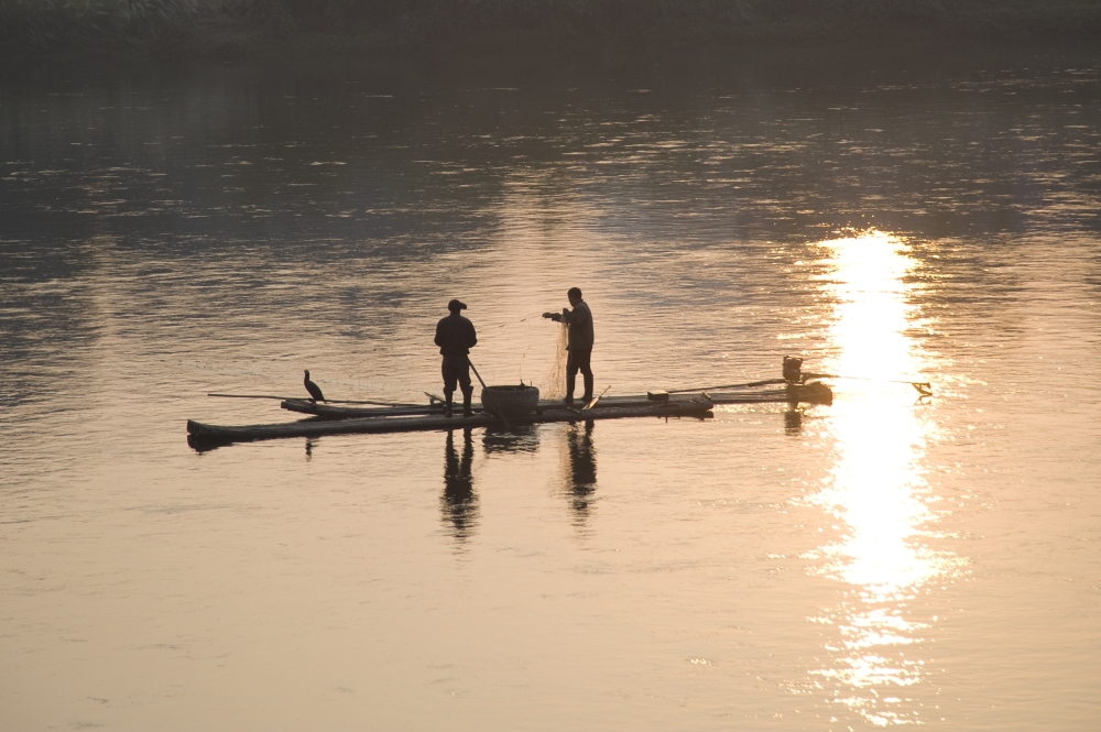 Men On A Raft Fishing Poster Print - 20 x 13