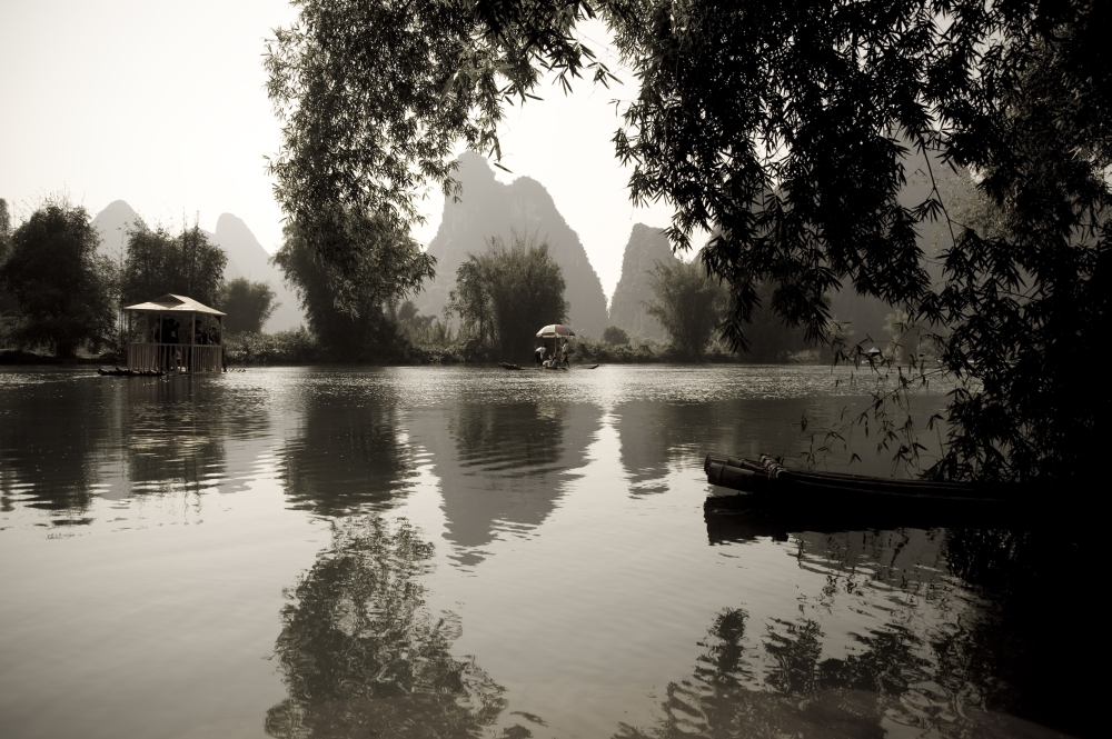 Yulong River Yangshuo China - Black & White Scenic of River Poster Print, 20 x 13