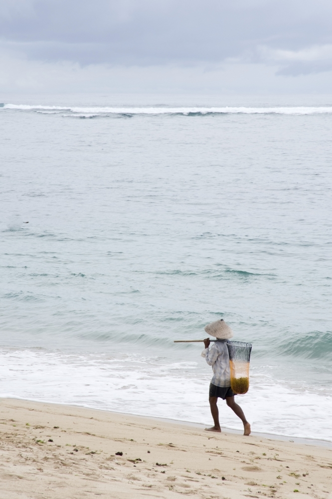 Person Walking On Beach with Fishing Net - Bali Indonesia Poster Print - 13 x 20