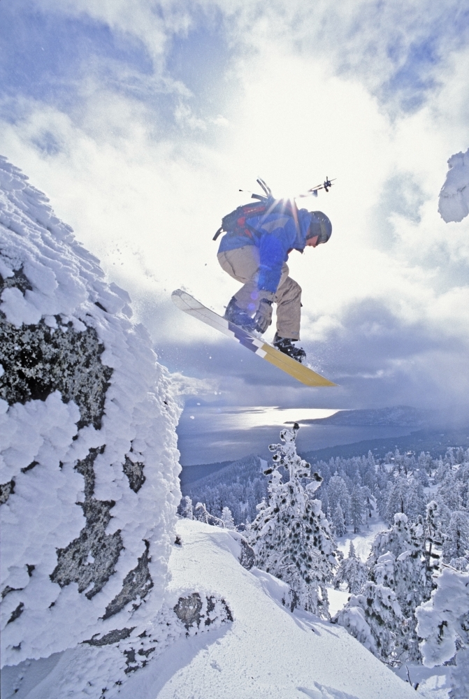 Picture of Posterazzi DPI1852379 Diamond Peak Lake Tahoe Nevada USA - Man Snowboarding in Mid-Air Poster Print, 11 x 17