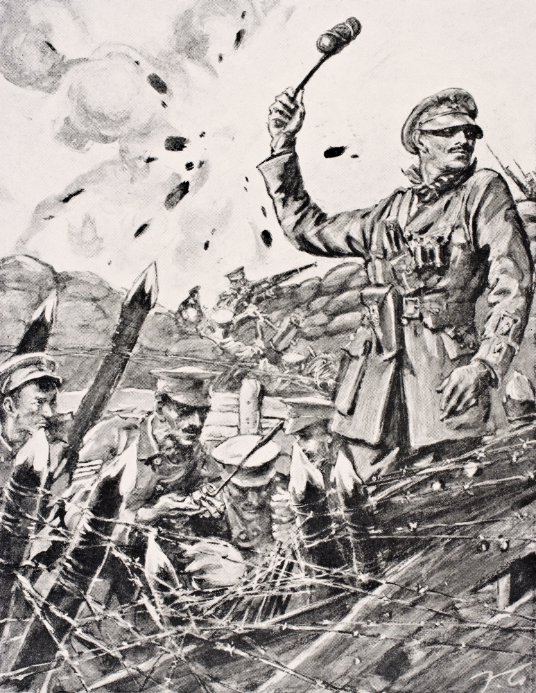 British Officer Hurling Grenades From Trench At Attacking Germans From The War Illustrated Album Deluxe Published London 1916 Poster Print, 12 x 16