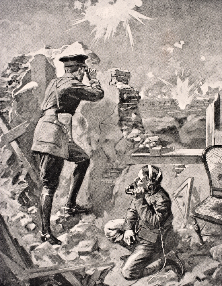 Forward Officer Observes Effect of Creeping Artillery Barrage His Telephonist Relays Information To Battery Commander Gi Poster Print, 12 x 16