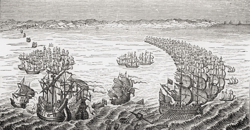 The English Fleet Commanded by Sir Francis Drake Attacking The Spanish Armada 1588 From Old Englands Worthies by Lord Brougham Poster Print, 20 x 10