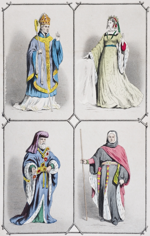 Picture of   English Costumes Between 1392 & 1413 Bishop&#44; Countess&#44; Earl & Judge From The National & Domestic History of England by William Aubrey Published London Circa 1890 Poster Print&#44; 11 x 18