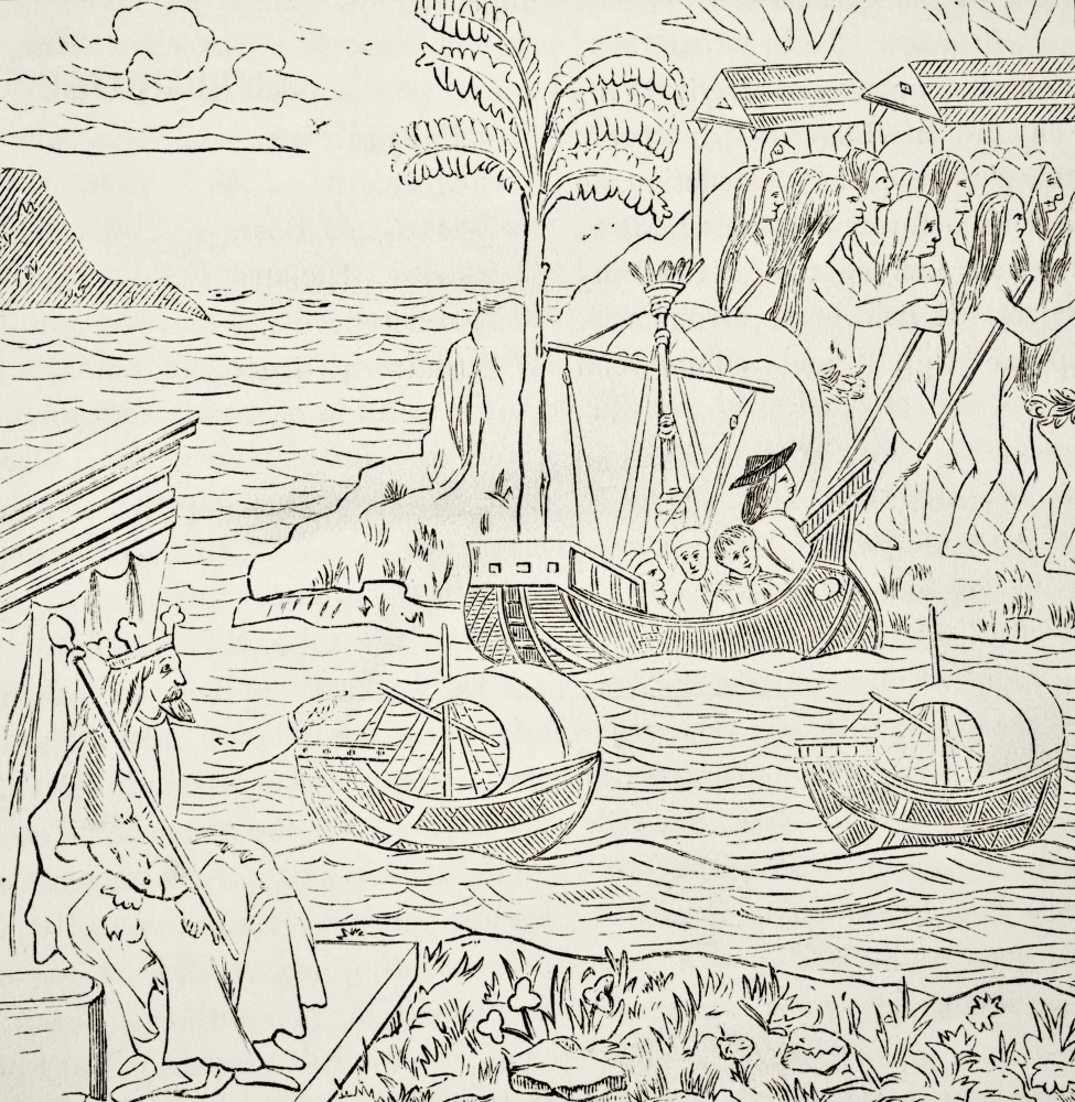Picture of   The Landing of Christopher Columbus In The New World From A 15th Century Book From The National & Domestic History of England by William Aubrey Published London Circa 1890 Poster Print&#44; 14 x 14