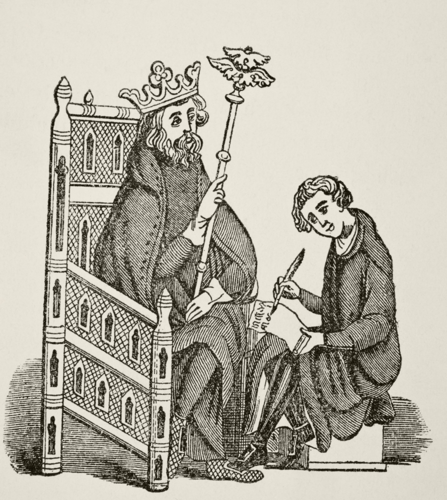 Scribe Writing Letter for A King Seated In A Library Chair Fourteenth Century From The National & Domestic History O Poster Print, Large - 26 x 30