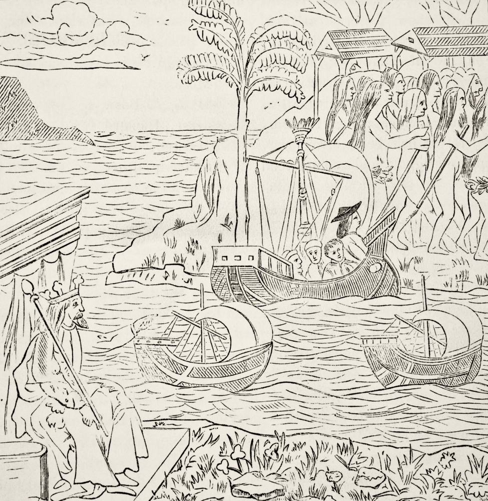 The Landing of Christopher Columbus In The New World From A 15th Century Book From The National & Domestic History Poster Print, Large - 24 x 24