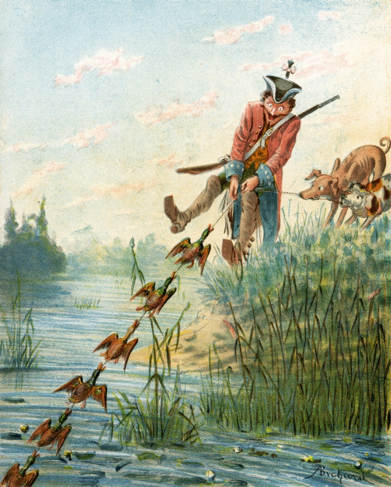 Baron Munchausen Catching Ducks with Bacon Fat Illustration by Alphonse Adolf Bichard From The Book The Adventures Poster Print, Large - 26 x 32