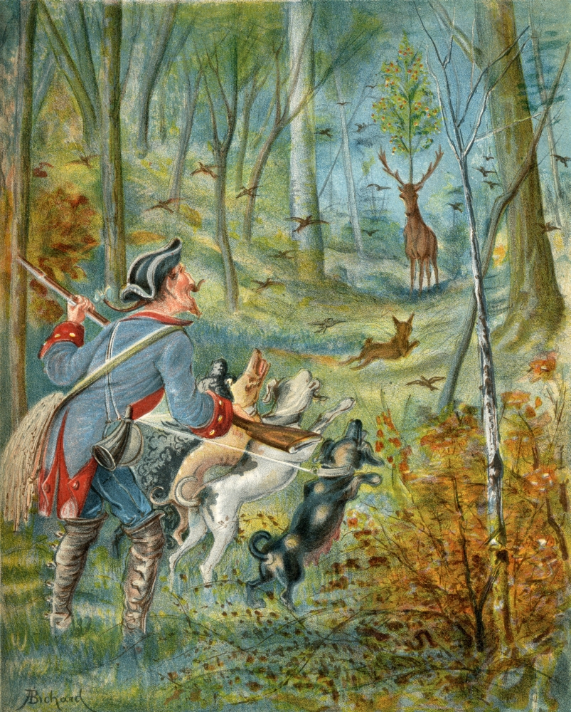 The Effects of Shooting A Stag with Cherry Stones Illustration by Alphonse Adolf Bichard From The Book The Adventures Poster Print, 13 x 16