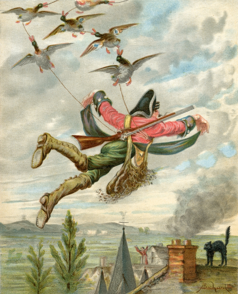 Baron Munchausen Lifted From Earth by Ducks Illustration by Alphonse Adolf Bichard From The Book The Adventures of Baron Poster Print, 13 x 16