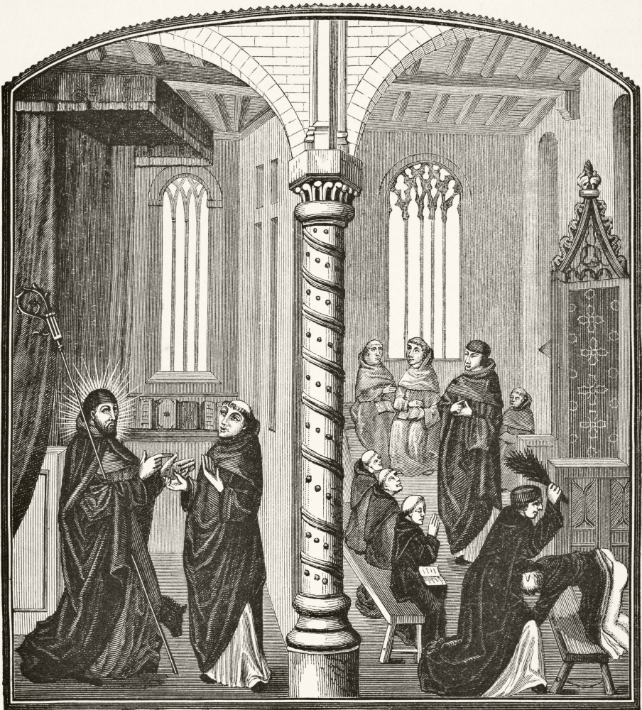 Picture of   A School of Mendicant Monks & A Pupil Being Birched From 15th Century Miniature From Science & Literature In The Middle Ages by Paul Lacroix Published London 1878 Poster Print&#44; 13 x 15