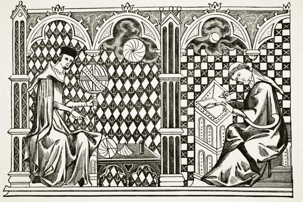 Mathematician Monks One Teaching The Globe The Other Copying A Manuscript After A Miniature In The 13th Century Manusc Poster Print, Large - 36 x 24