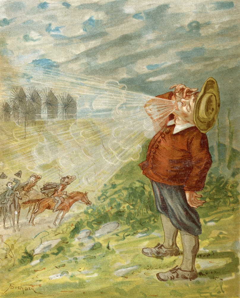 How Baron Munchausen Obtained The Blower Illustration by Alphonse Adolf Bichard From The Book The Adventures of Baron Munchaus Poster Print - 13 x 16