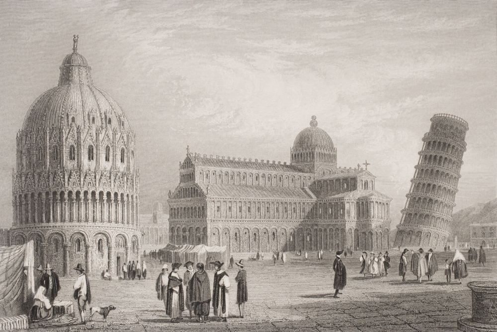 DPI1857041 Pisa Italy Showing From Left The Bapistry The Duomo & The Leaning Tower Engraved by WFinden After SProut Poster Print, 18 x 12