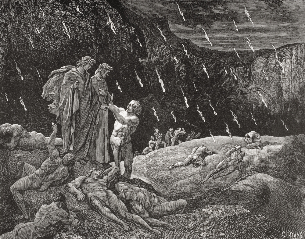 DPI1857060 Engraving by Gustave Dore 1832-1883 French Artist & Illustrator for Inferno by Dante Alighieri Canto XV Lines 28 & Poster Print, 16 x 13
