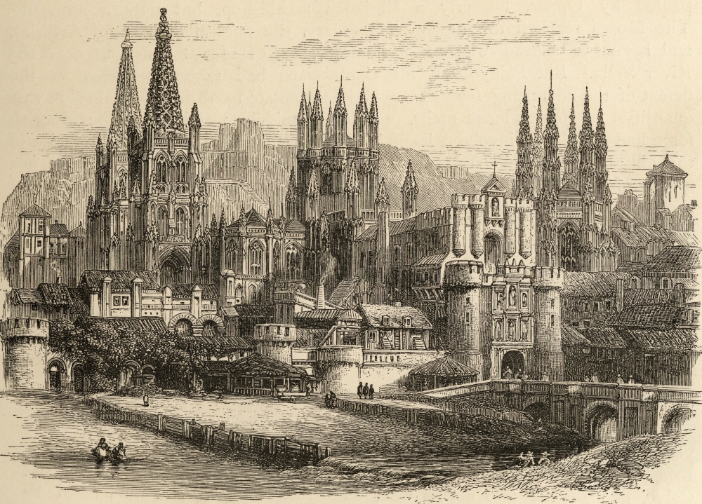 Bridge Gateway & Cathedral of Burgos Spain From The Book Spanish Pictures Poster Print - Large - 34 x 24