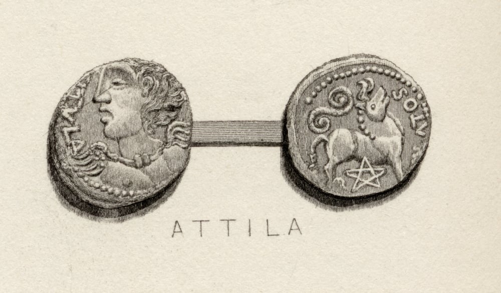 DPI1857161 Coin From The Era of Attila King of The Huns.A.D.434-453 Byname Flagellum Dei Latin - Scourge of God Print, 18 x 10