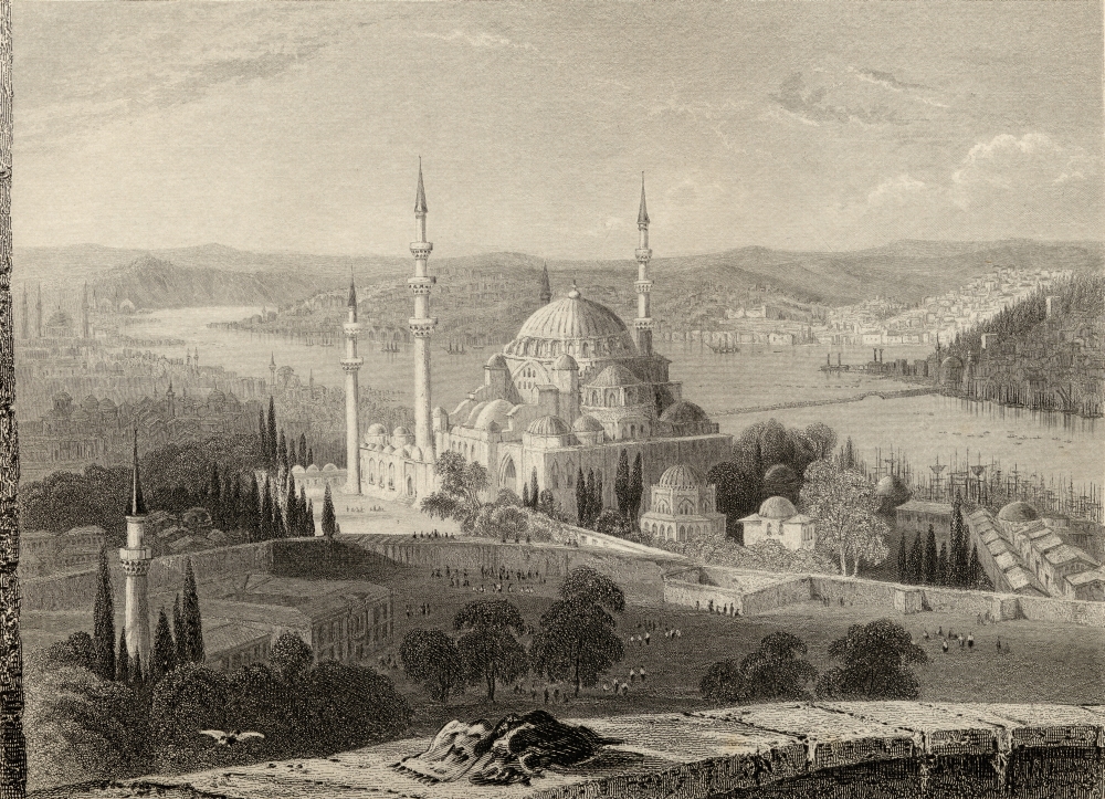 Mosque & Tomb of Sulieman From The Seraskiers Tower Istanbul Turkey Engraved by H Adlard After W. H. Bartlett Poster Print, Large - 34 x 24