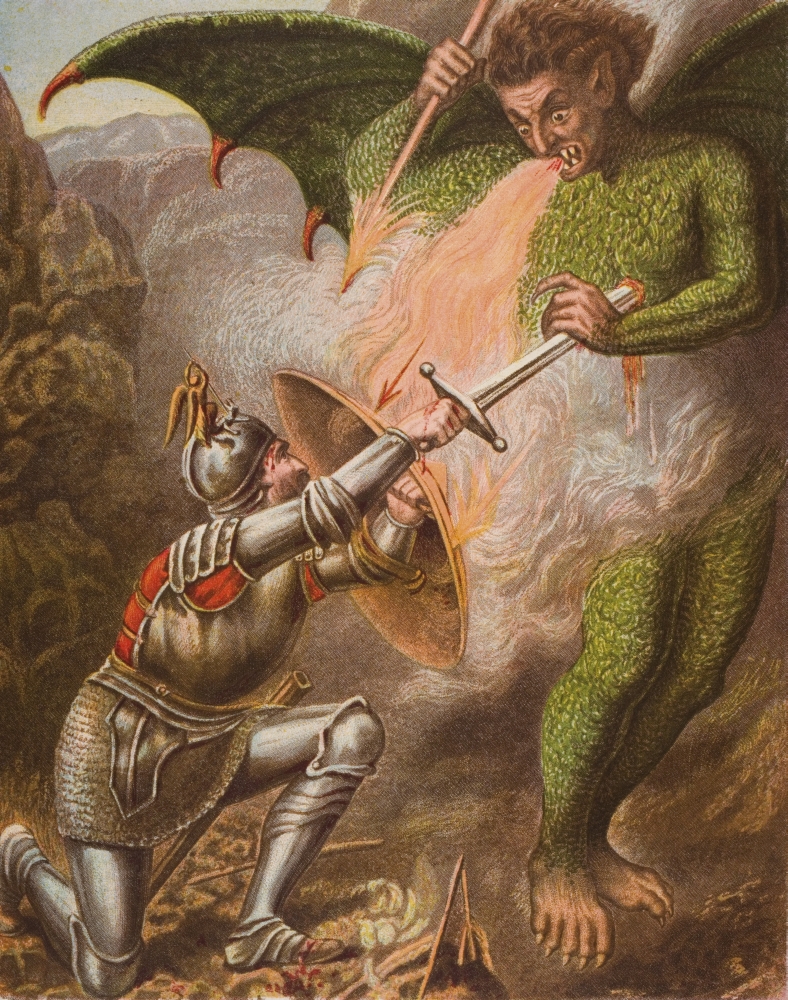 DPI1857184 Christians Conflict with Apollyon From The Book The Pilgrims Progress by John Bunyan, From Late 19th Century Edition Poster Print, 13 x 16