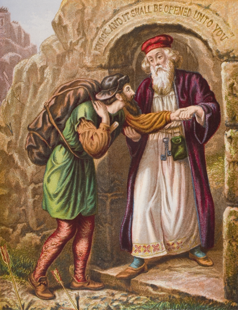 Christians Arrival At The Wicket Gate From The Book The Pilgrims Progress by John Bunyan From Late 19th Century Edit 2 Poster Print - Large - 24 x 32