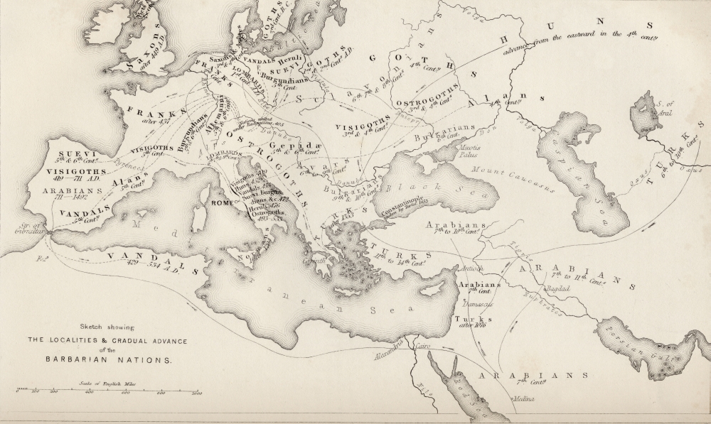 DPI1857163LARGE Map Showing The Gradual Advance of The Barbarian Nations Drawn & Engraved by W. Hughes Poster Print, Large - 36 x 22