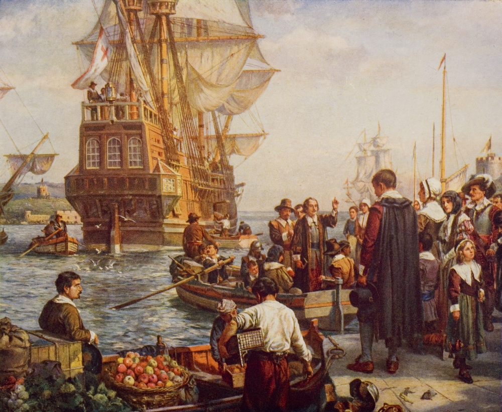 The Departure of The Pilgrim Fathers 1620 From The Book The Outline of History Poster Print - 32 x 26