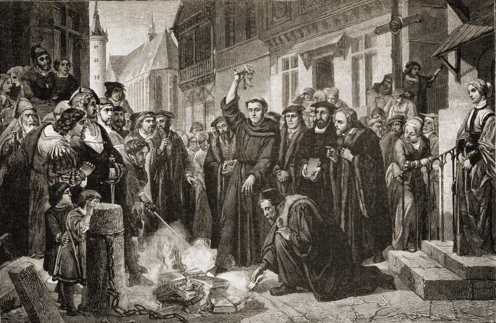 Martin Luther Burning The Papal Bull Along with The Book of Church Law & Many Other Books by His Enemies On December Poster Print - Large - 36 x 24