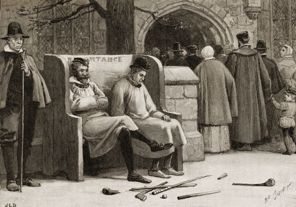 The Seat of Repentance Two Golfers Found In Play On The Sabbath with Balls & Broken Implements Before Them Made To S Poster Print - 18 x 12
