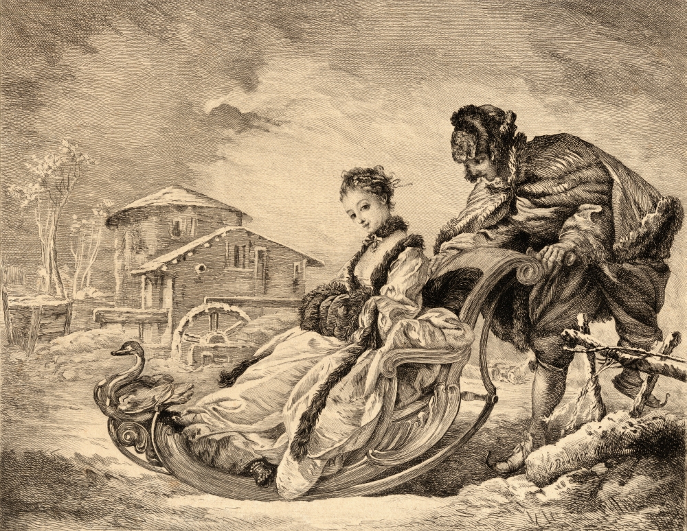 Winter Amusement by E. Champollion After Boucher Engraved by A. Quantin Poster Print, Large - 34 x 26