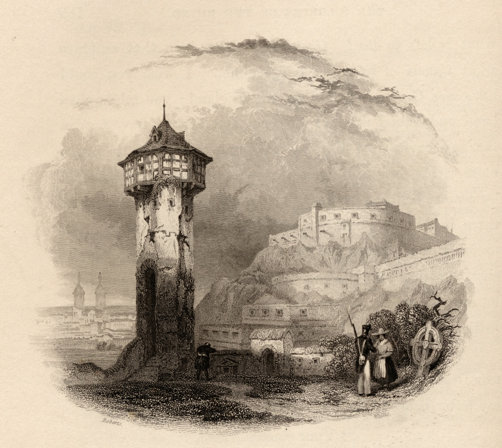 DPI1857577 The Roman Tower In Thal Ehrenbreitstein Germany Engraved by Wallis From A 19th Century by D. Roberts Poster Print, 16 x 14