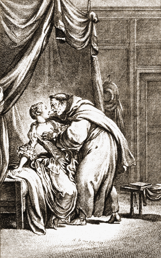 Picture of   Priest Accosts Woman&#44; From An 18th Century Print From The Book Erz-hlungen&#44; Ins Deutsche -Bertragen V. Theodor Etzel by Jean De Lafontaine 1021-1695 Published 1923 Poster Print&#44; 12 x 19