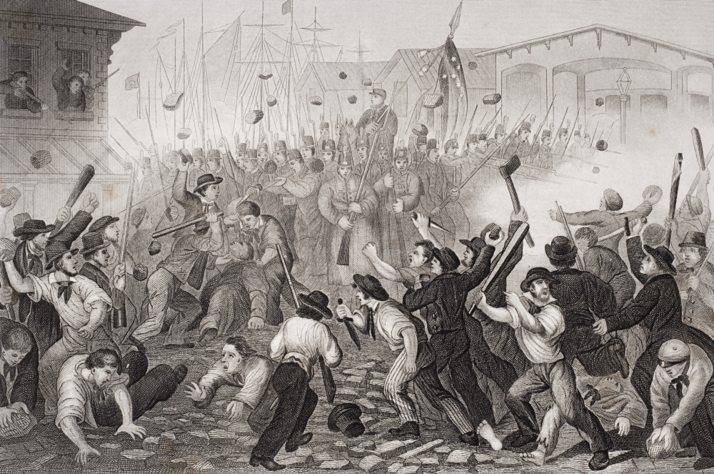 DPI1857790 Attack On The Massachusetts 6th At Baltimore Maryland April 19 1861. Artist William Momberger Poster Print, 17 x 11