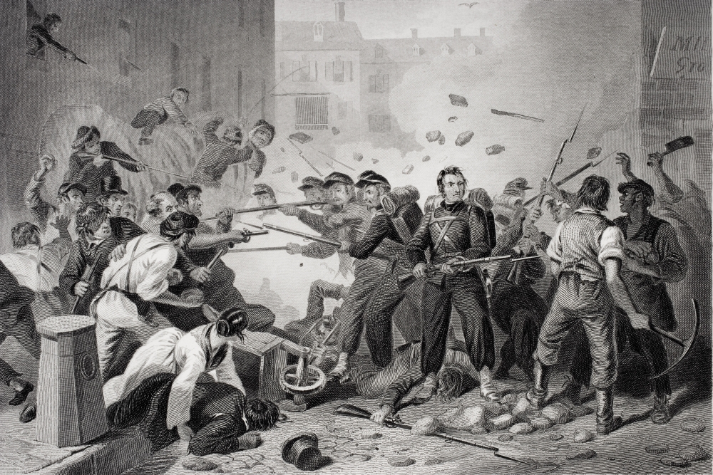 DPI1857780LARGE Massachusetts Militia Passing Through Baltimore Pennsylvania 1861. Artist F.O.C. Darley Poster Print, Large - 34 x 22