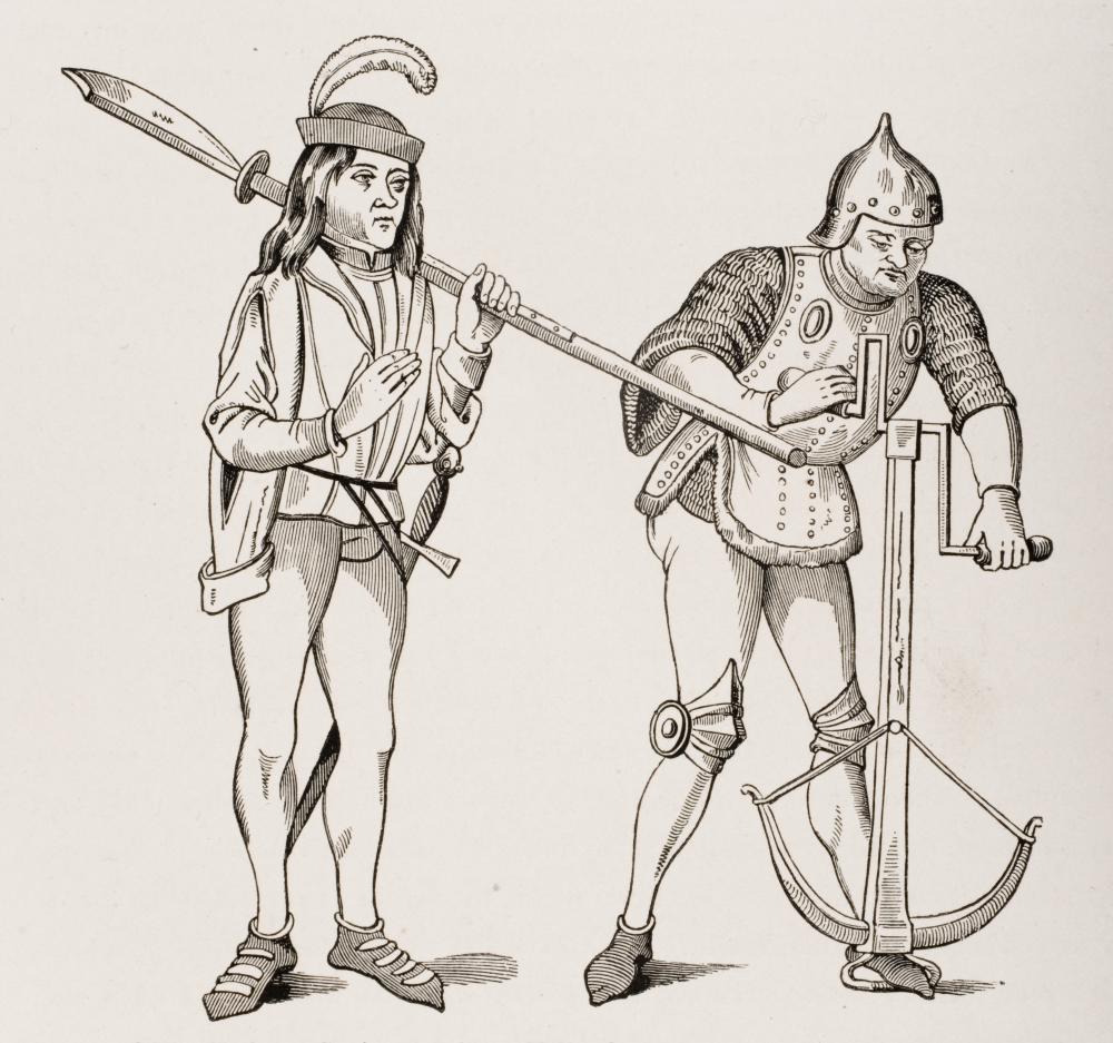 Varlet Or Squire Carrying Thick Bladed Halberd & Archer In Fighting Dress Drawing Crossbow String with Double Handled Poster Print, Large - 30 x 28