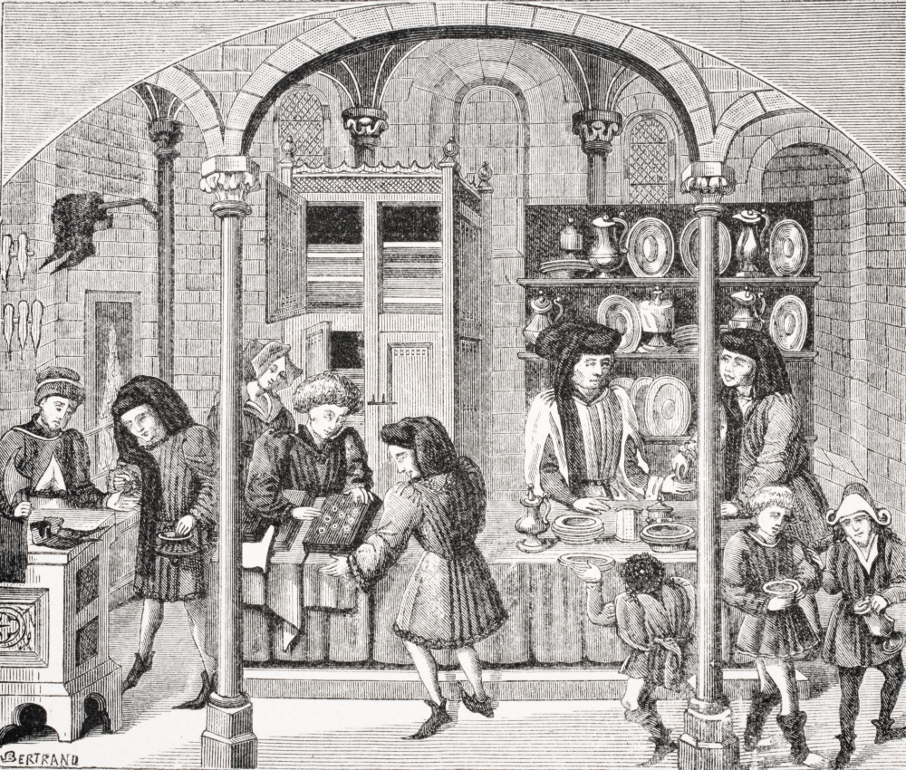 Picture of   Shops Under Covered Market. Goldsmith&#44; Dealer In Stuffs & Shoemaker. After Miniature In Aristotles Ethics & Politics In 15th Century Translation by Nicholas Oresme Poster Print&#44; 15 x 13