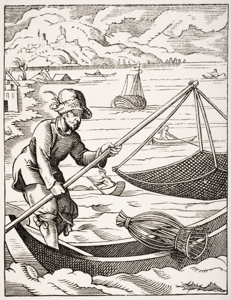 The River Fisherman 19th Century Copy of Picture Designed & Engraved In 16th Century by Jost Amman Print, Large - 26 x 34